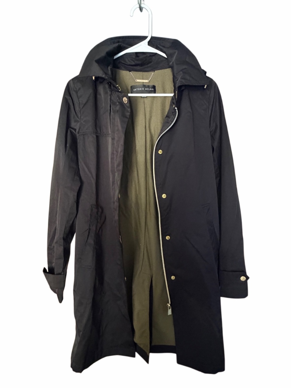 Antonio Melani Women’s Small Black Hooded Raincoat Long Jacket Zip Snap
